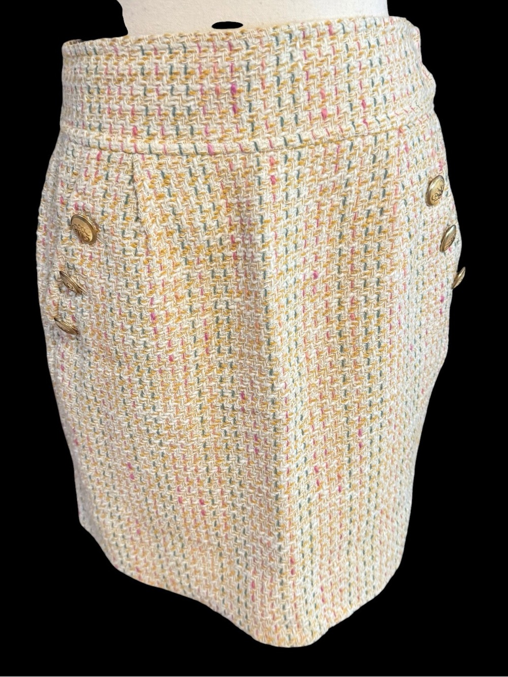Mise en Scene Ruffian Tweed Skirt Womens Ivory Pastel Gold Buttons Anthropologie
